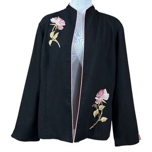 Coldwater Creek Black Pink Lined Linen Blend Embroidered Rose Jacket Size 16